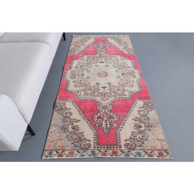 Vintage Turkish Hand-Knotted Wool Cotton Pink Runner Rug 105x228