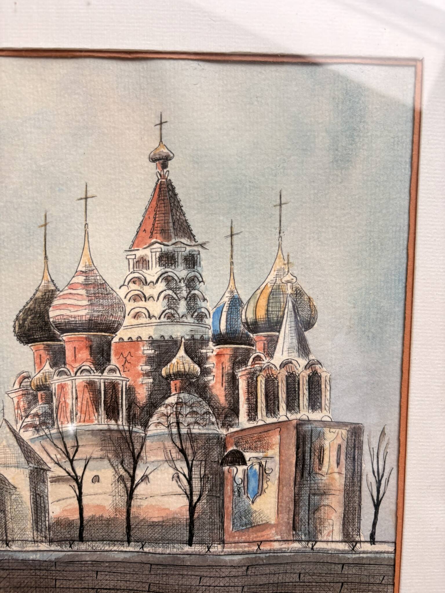 Old Watercolour Historical Building Russia Orthodox Cathedral Moscow 199
