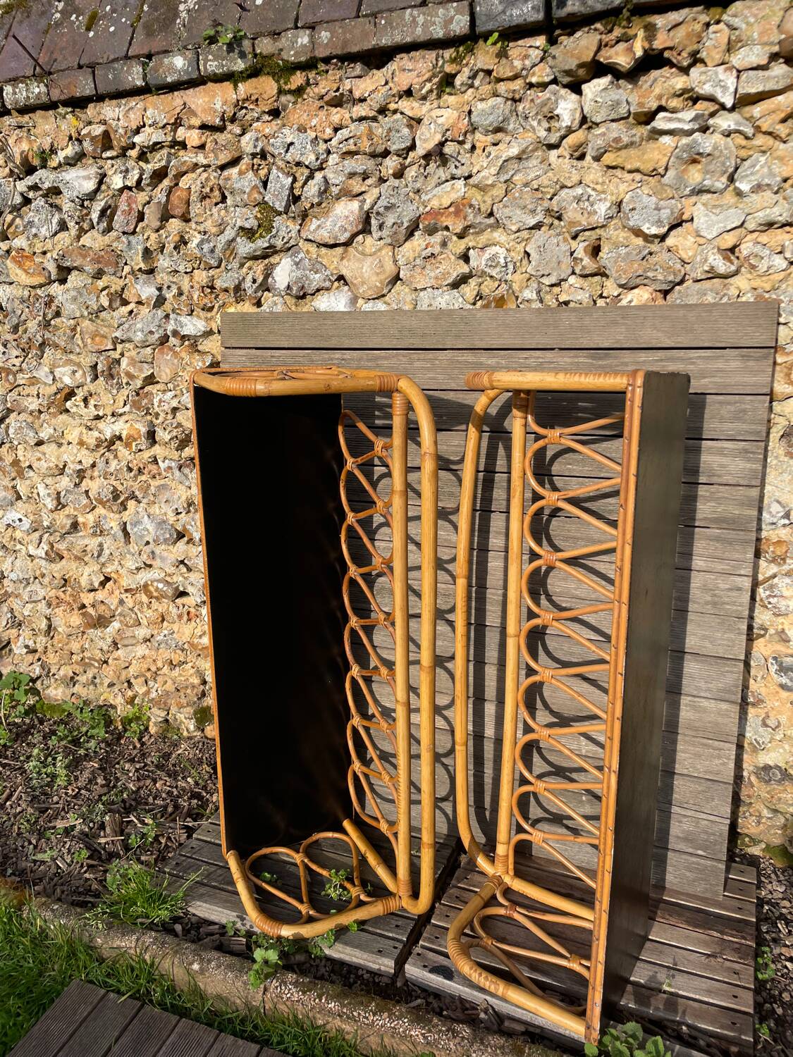 Pair of vintage light rattan wall shelves 1960