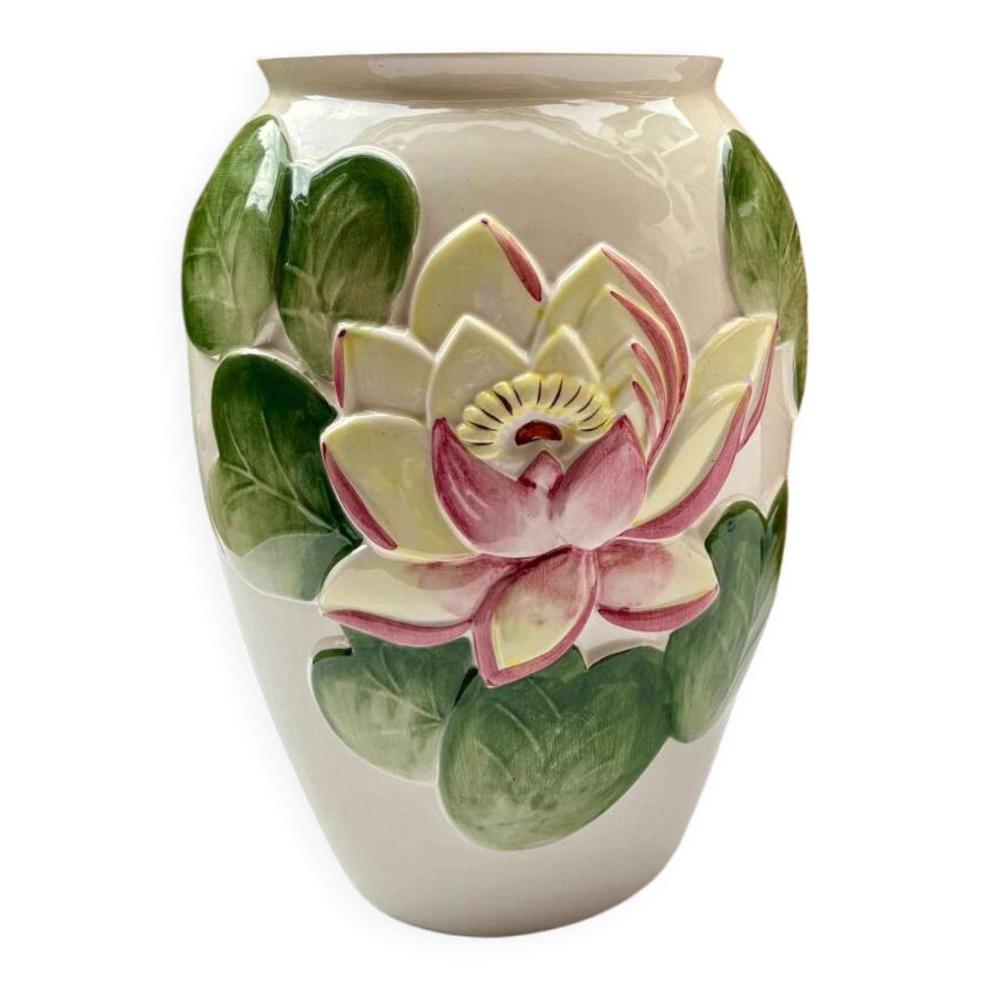 Large lotus or water lily barbotine vase