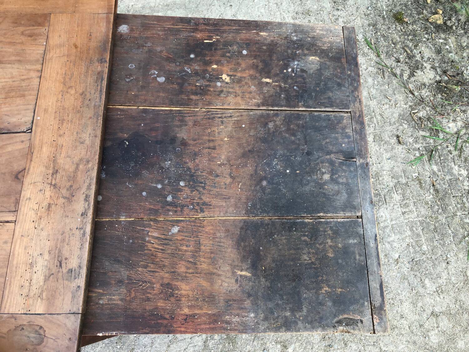 Antique solid cherry farmhouse table with 3 drawers and 2 pulls
