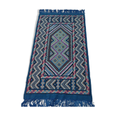 Tapis bleu à motifs multicolores tissés mains en laine naturelle