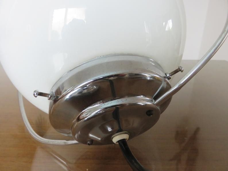 Hanging lamp Bauhaus white opaline ball and chrome metal 30 40 years