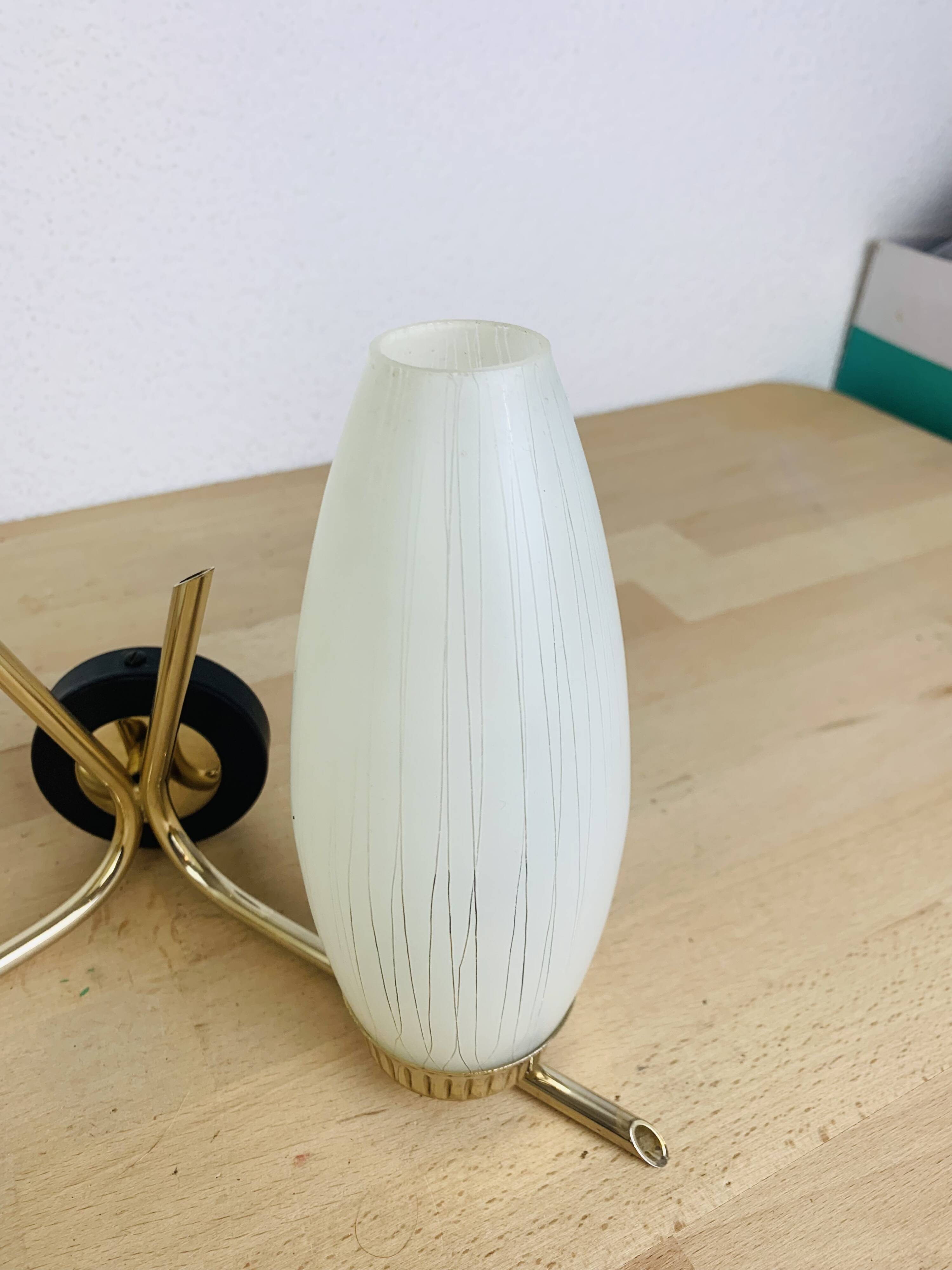 50s double-light wall light, brass and black metal, opaline tulips