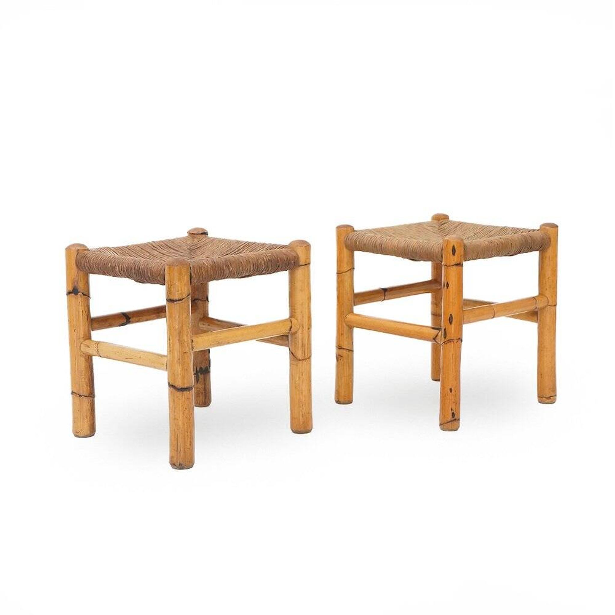 Rattan and woven straw stools, 1960s, set of 2