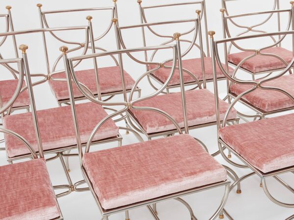 Rare set de 12 chaises acier laiton velours rose 1960 Maison Jansen