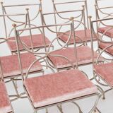 Maison Jansen rare set of 12 steel brass pink velvet chairs 1960