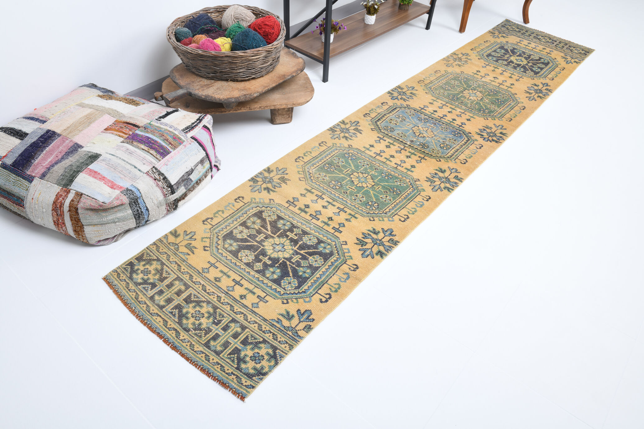 Pale orange & blue turkish runner rug 72x341cm