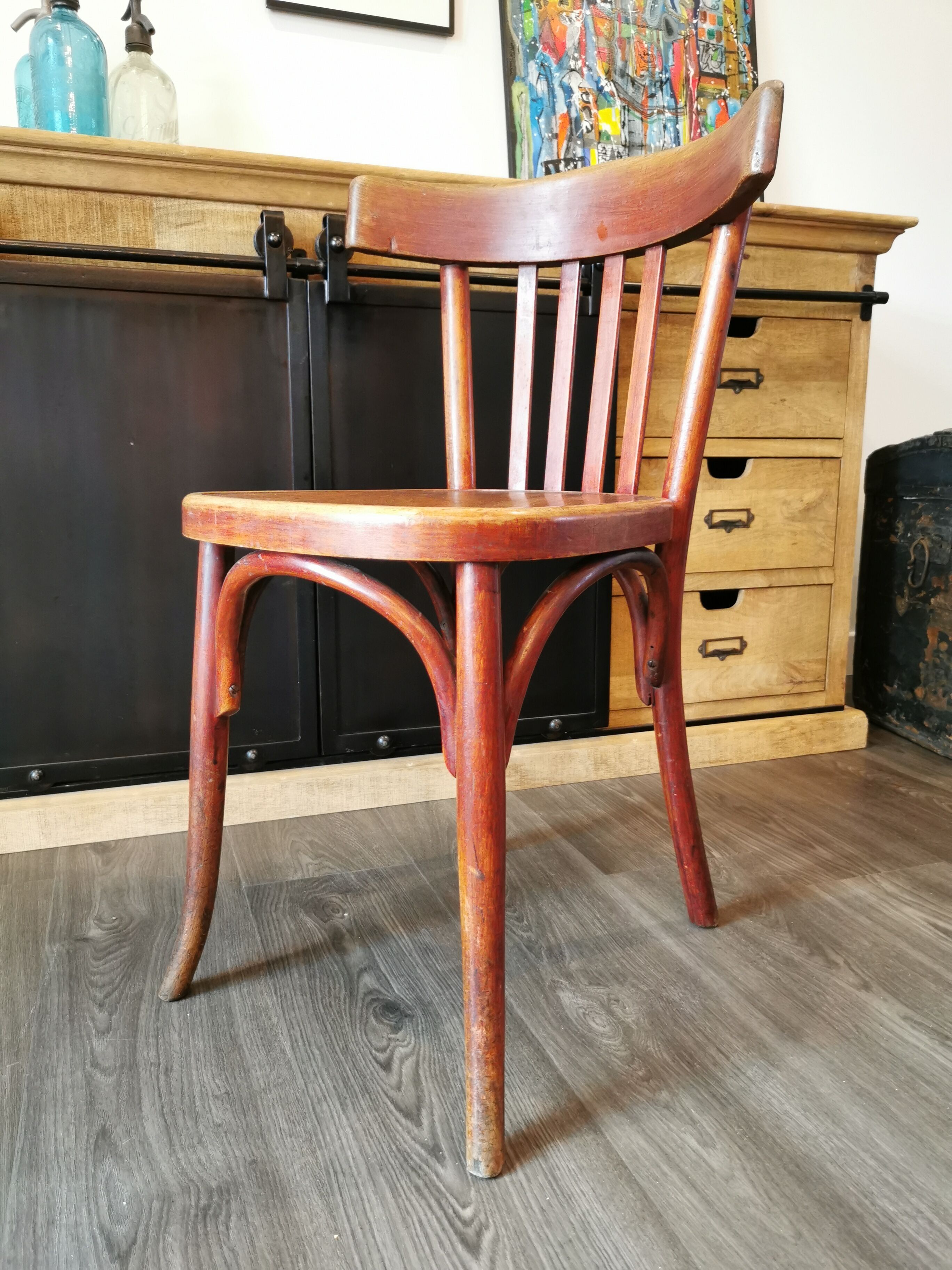 Series of 6 mismatched bistro chairs Baumann and Mahieu