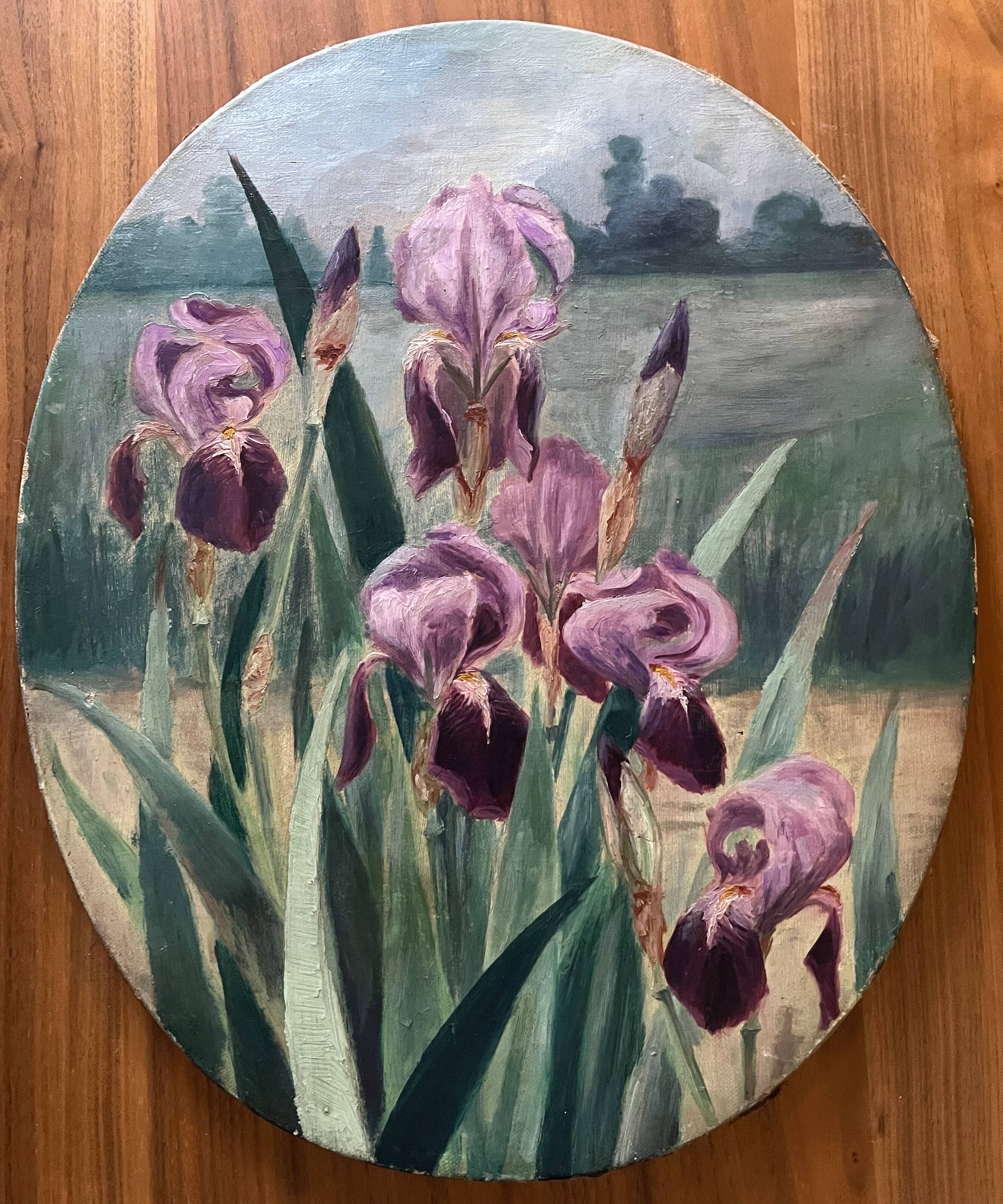 HST painting (oval frame) Iris flowers in a field 19th century