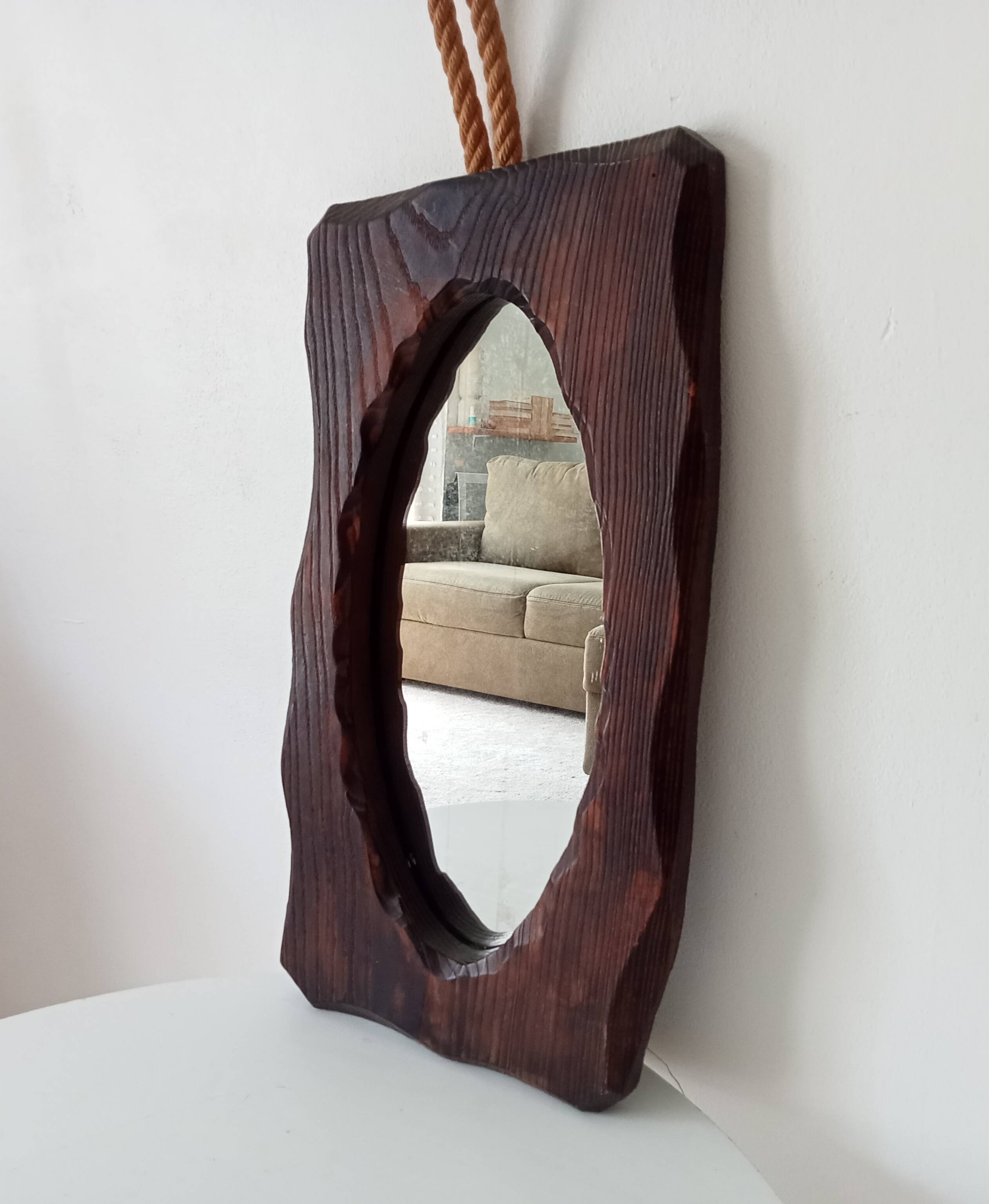 Brutalist antique mirror in solid wood from the 1950s/60s.