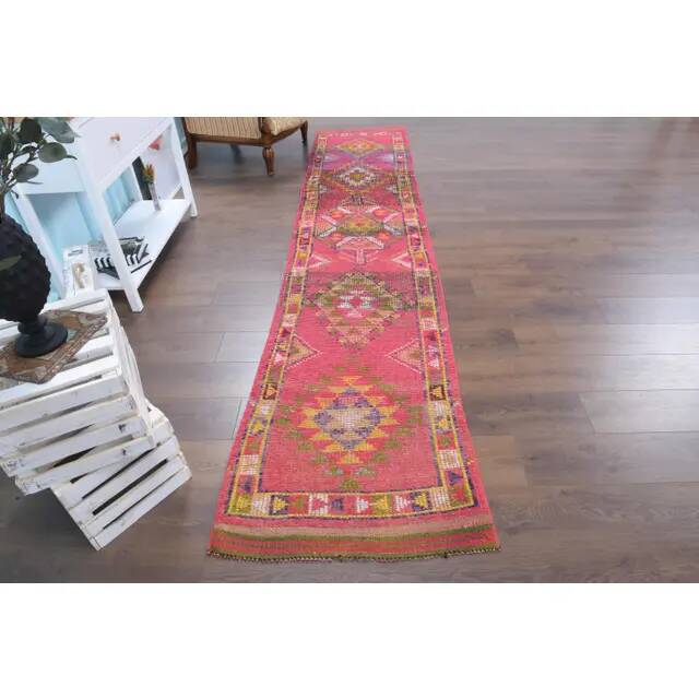 1970s Turkish Hand-Knotted Wool Cotton Pink Runner 79x371