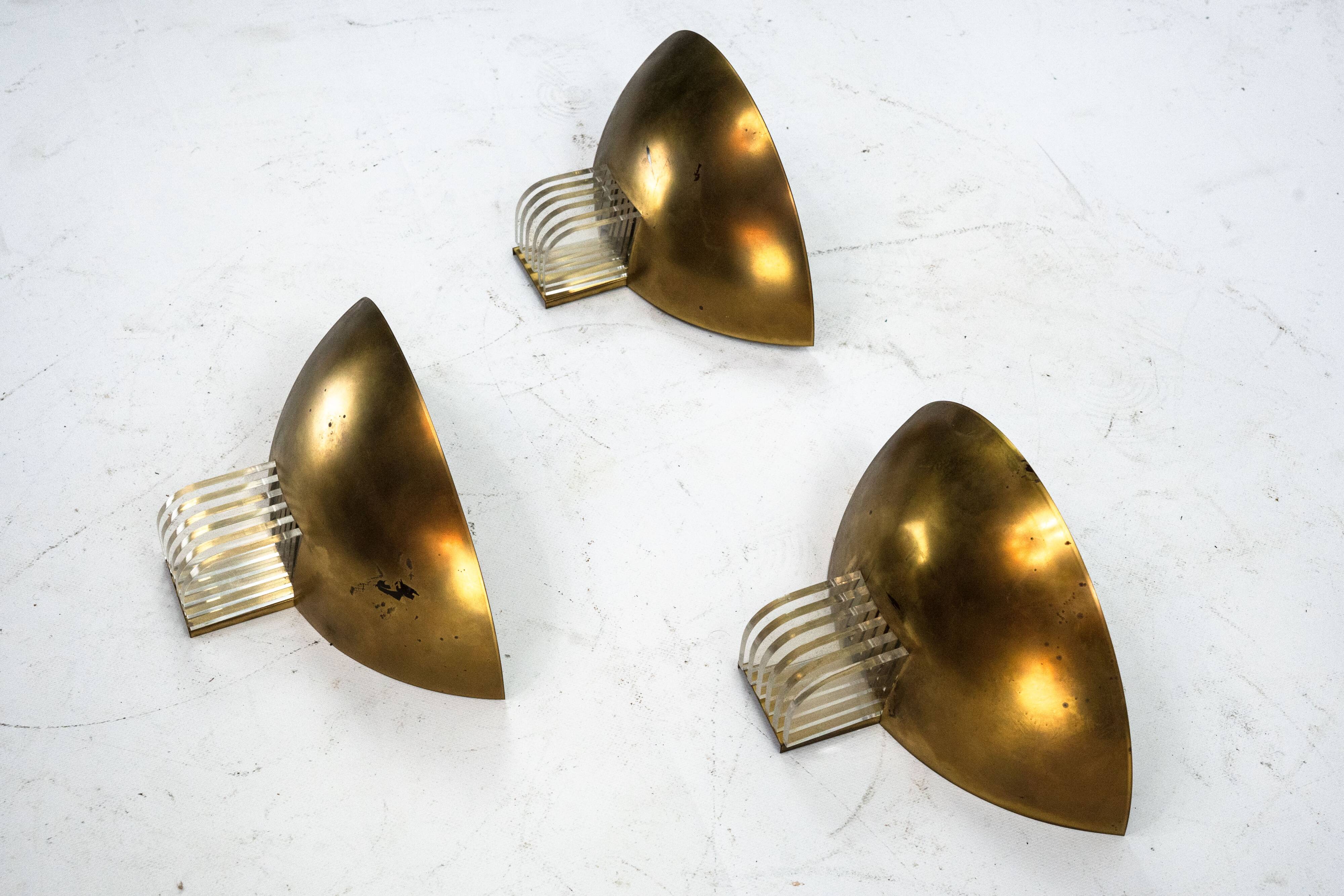 Set of three Italian Deco-style brass wall sconces, Italy 1970s