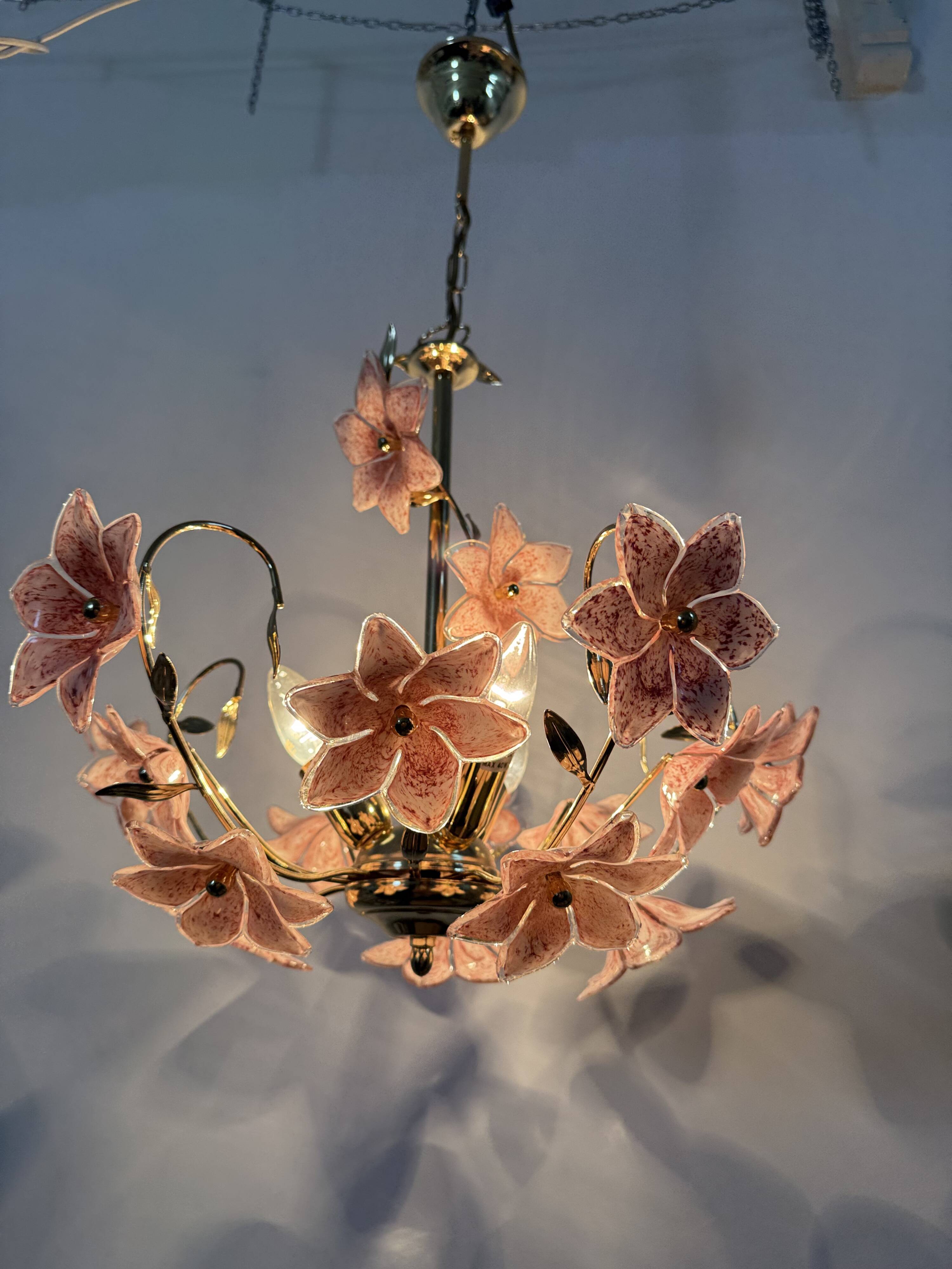 Chandelier with mourn glass pink flowers , 1970s