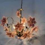 Chandelier with mourn glass pink flowers , 1970s