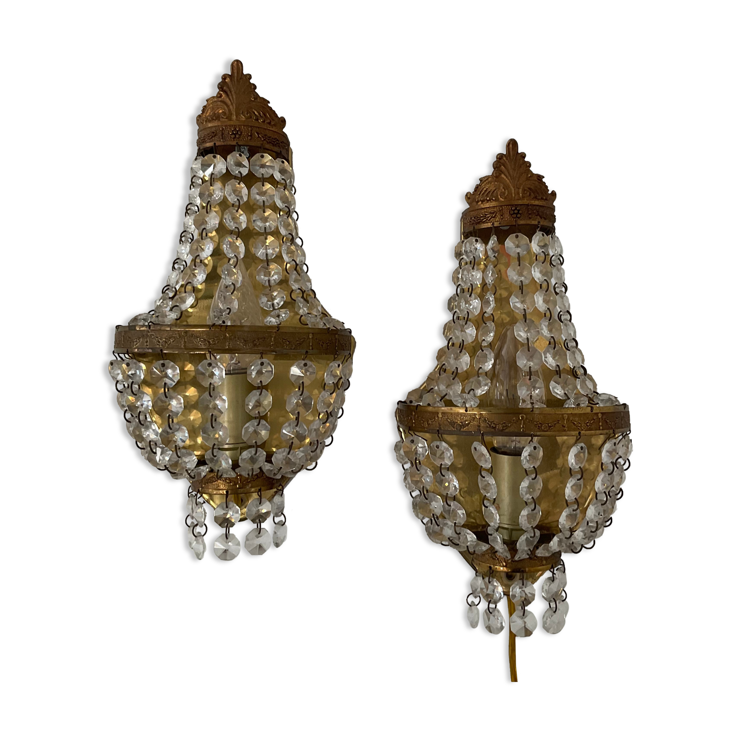 Pair of hot air balloon wall lamps with crystal and brass grapevines