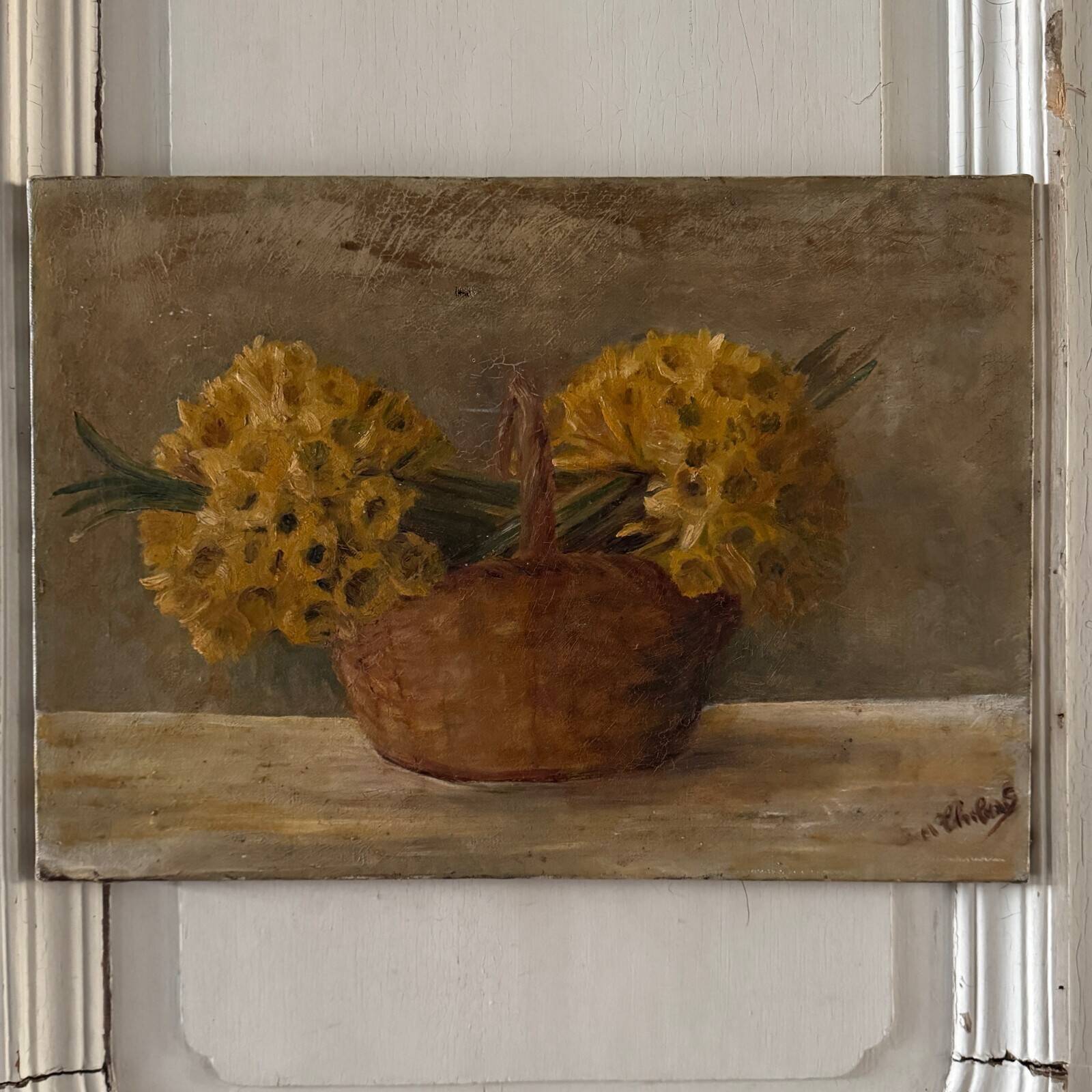 Oil on canvas still life bouquets of daffodils in a basket 20th century