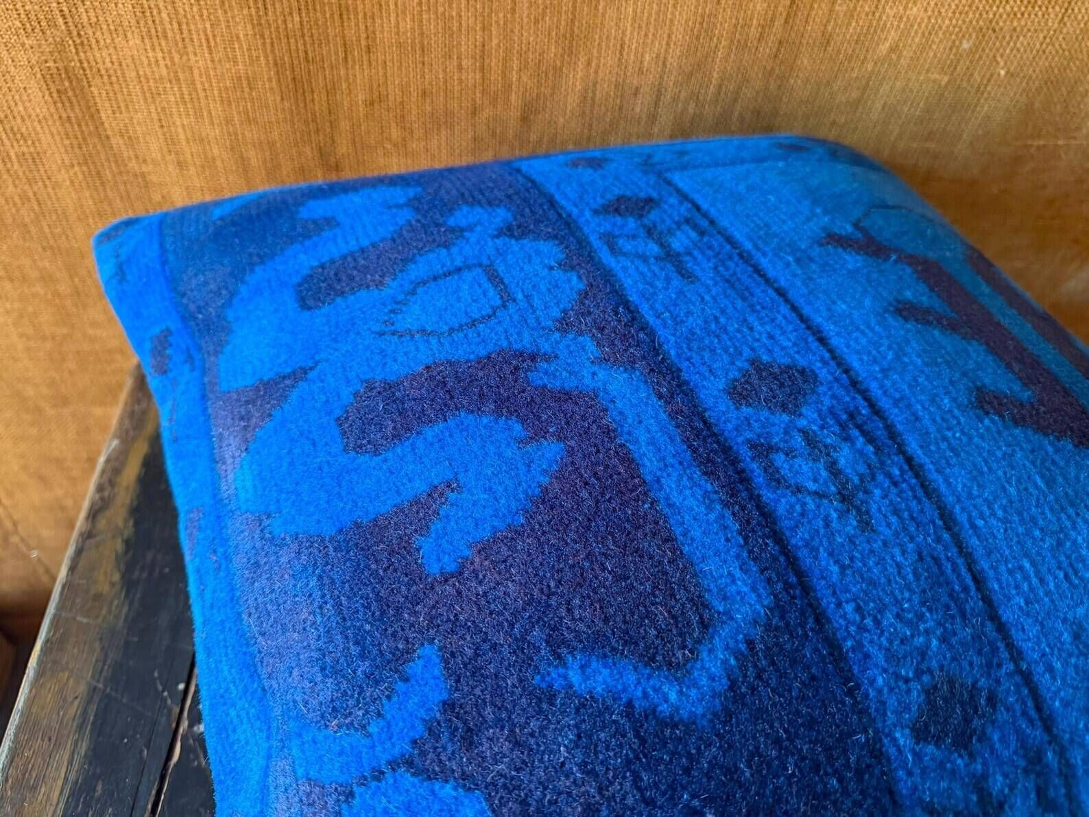 Vessel Motif Rug Cushion, Cobalt Navy Wool, Tribal Kilim Decor 20x20