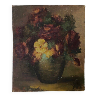 Oil on wood panel still life with bouquet of flowers early 20th century
