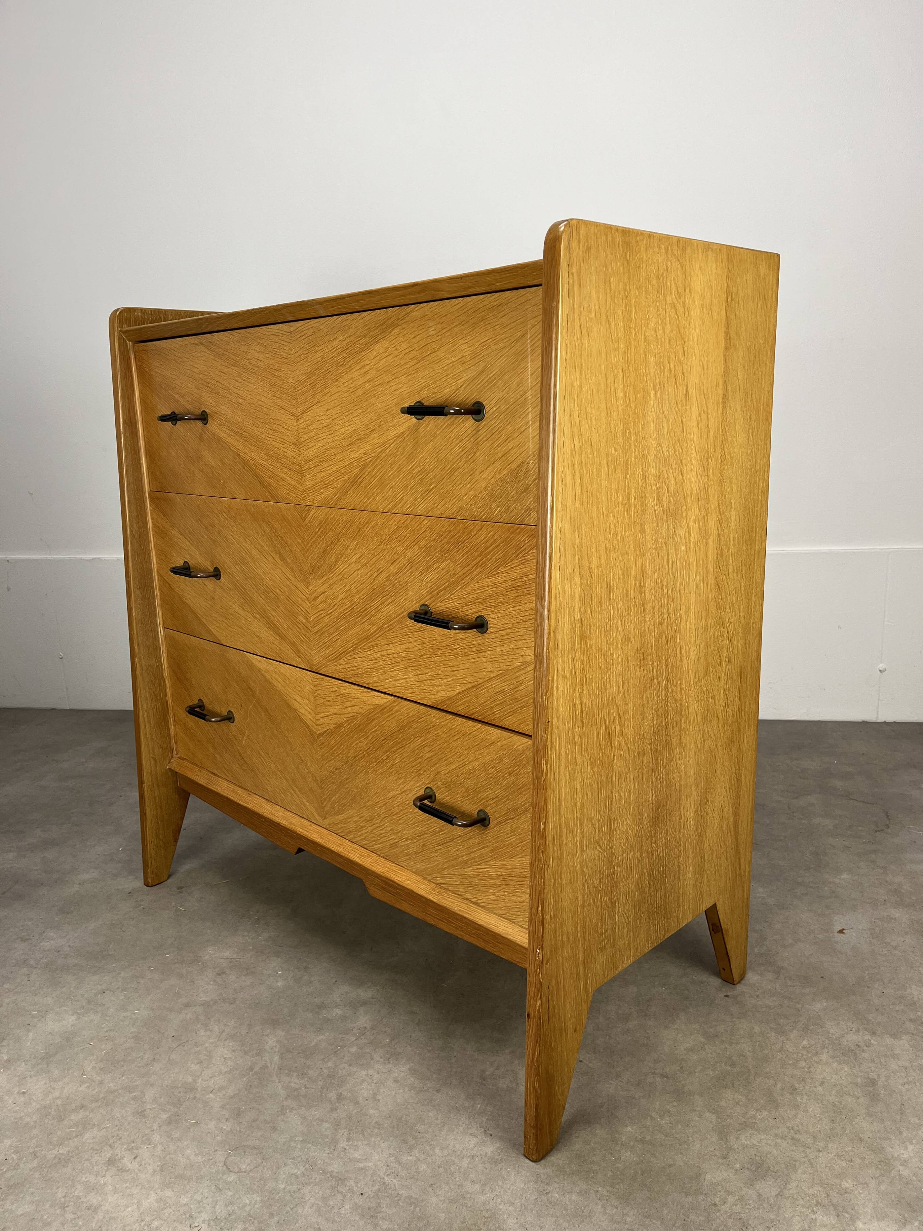 50s chest of drawers with blond wood compass feet