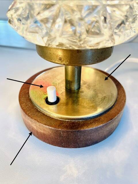 Vintage Mid-Century Scandinavian lamp in wood, brass, and pressed glass with spikes.