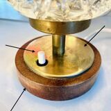 Vintage Mid-Century Scandinavian lamp in wood, brass, and pressed glass with spikes.