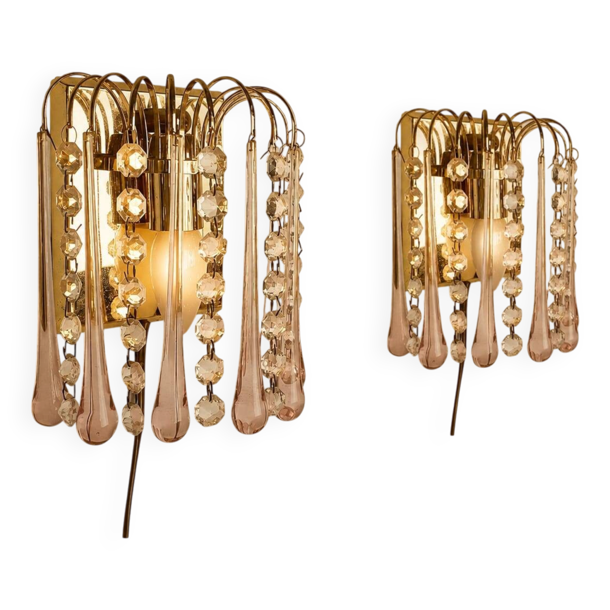 Set of 2 Hollywood Regency Murano glass wall lamps, 1970s
