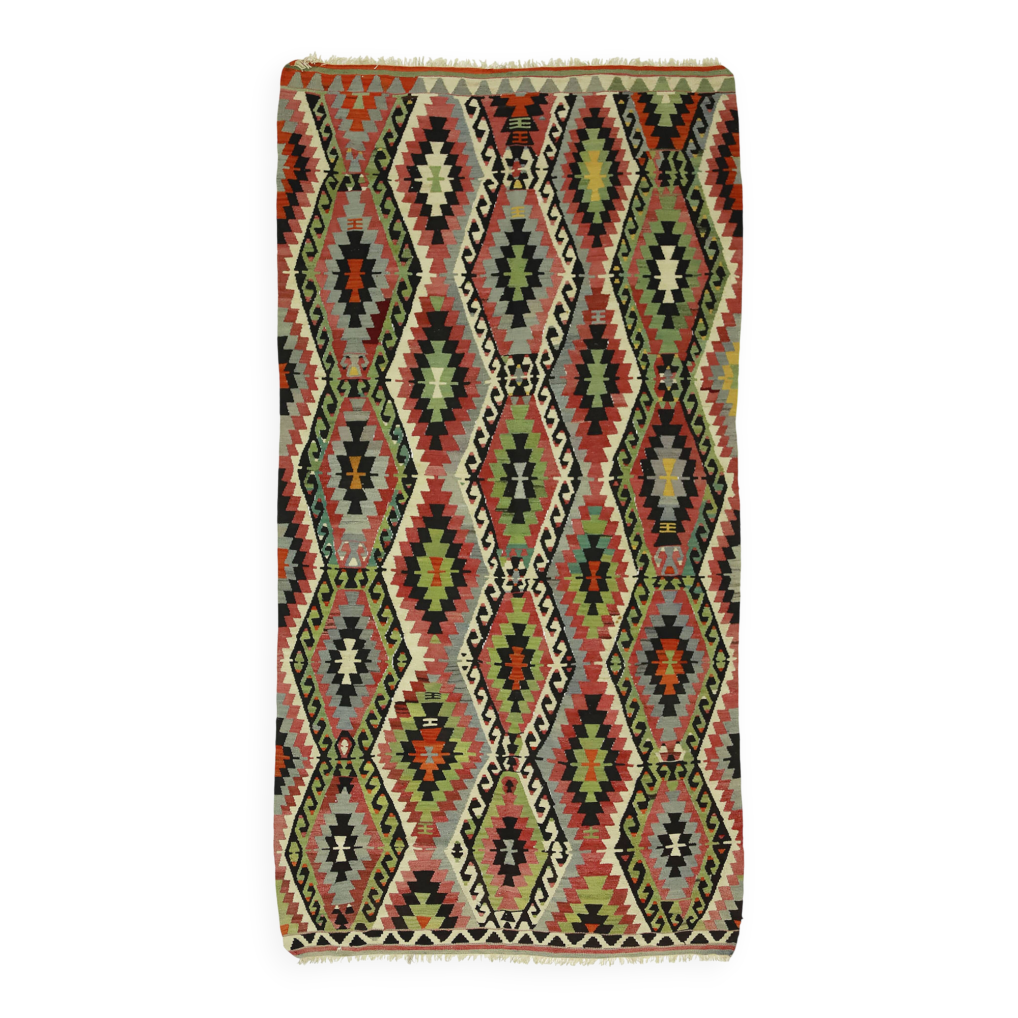 Turkish Kilim Yuruk Vintage 155x293 cm Geometric Red Green Yellow
