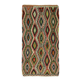 Tapis Kilim turc Yuruk vintage à décor géométrique rouge, vert et jaune