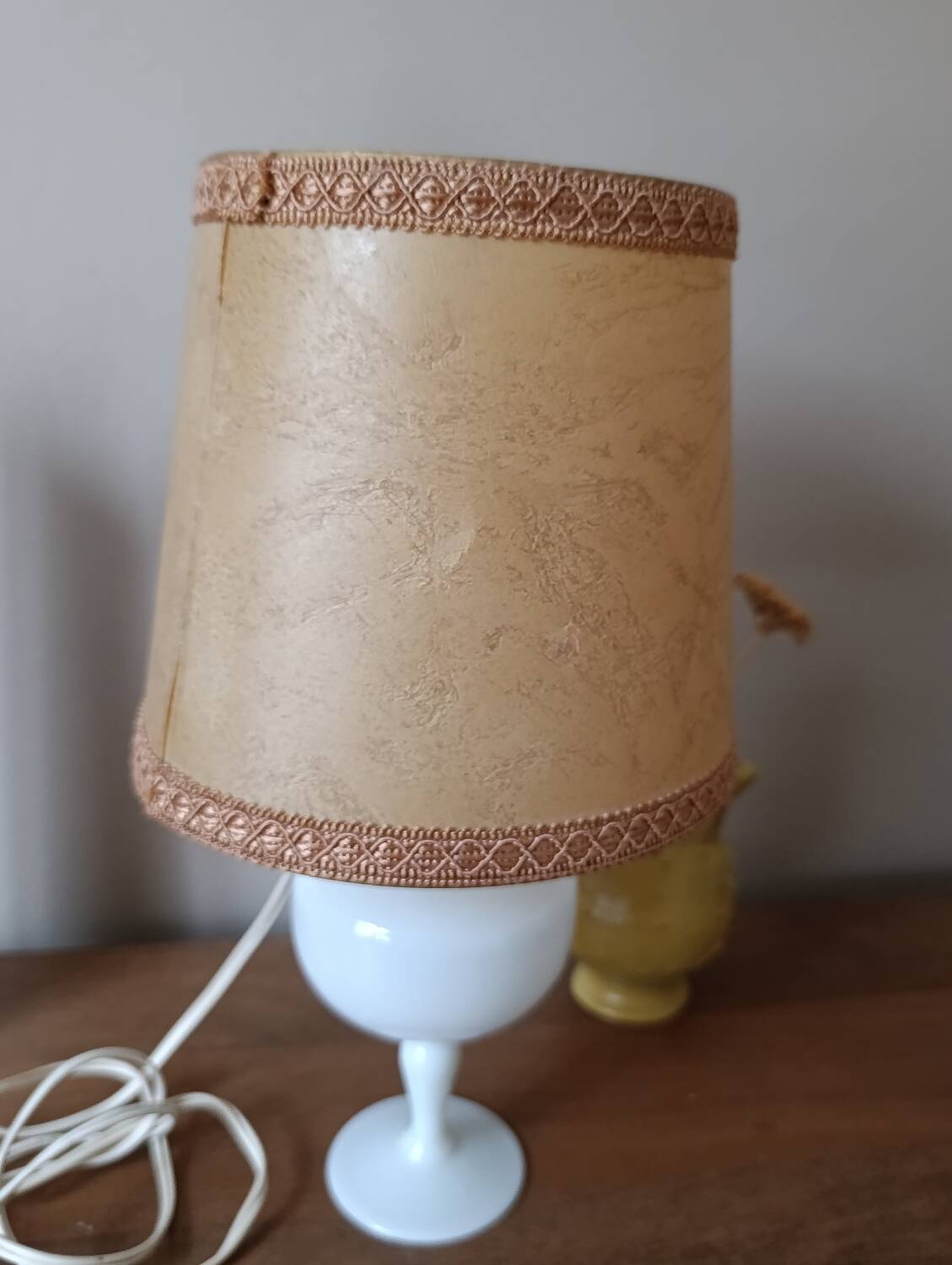 Retro white opaline table lamp, pigskin shade, 1950.