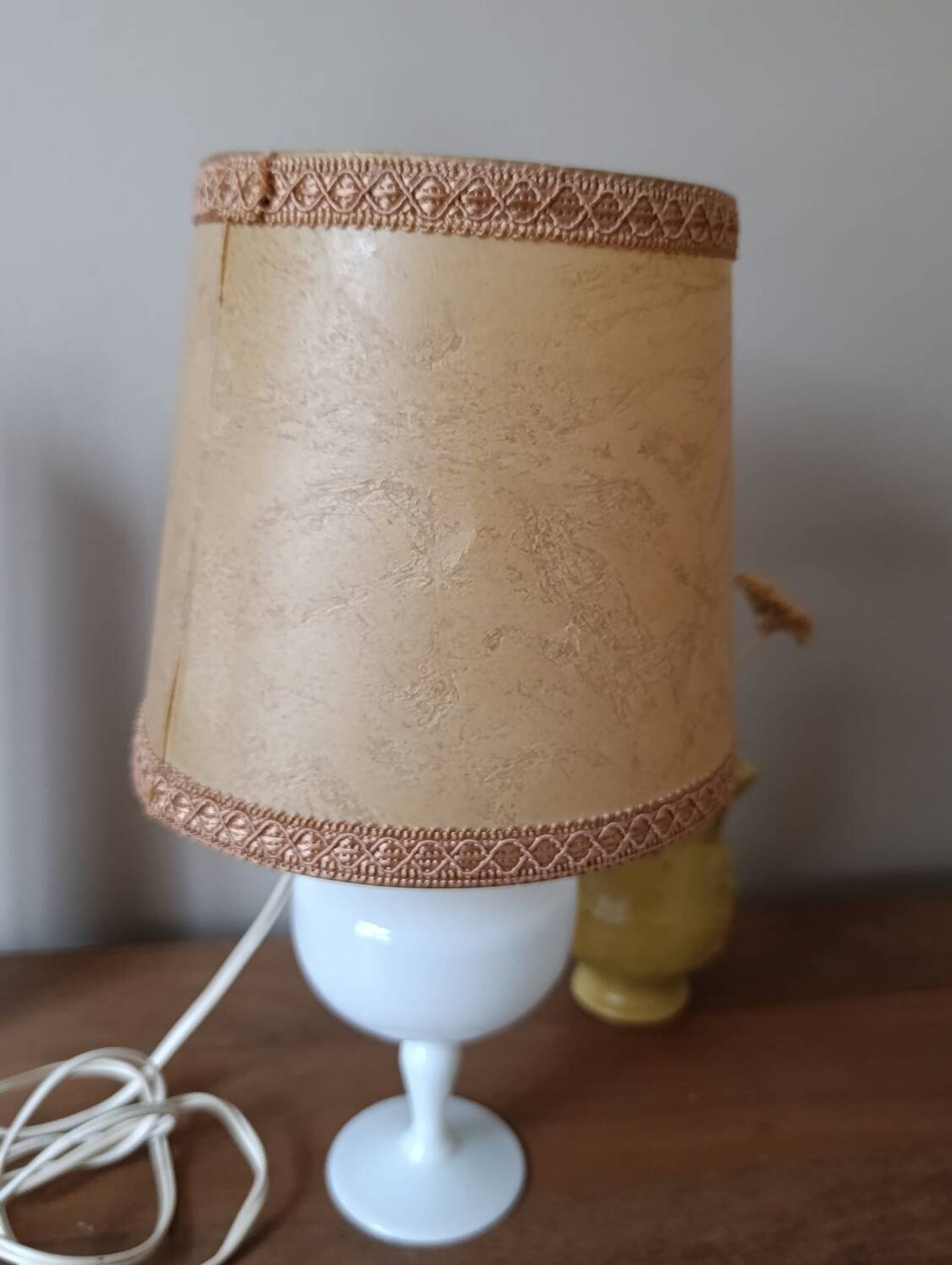 Retro white opaline table lamp, pigskin shade, 1950.