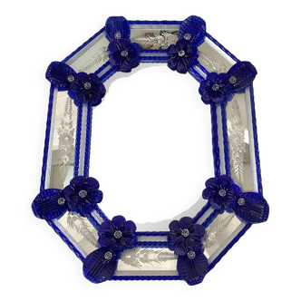 Italian Venetian Octagonal Murano Glass Wall Mirror with Blue Floral Handwork
