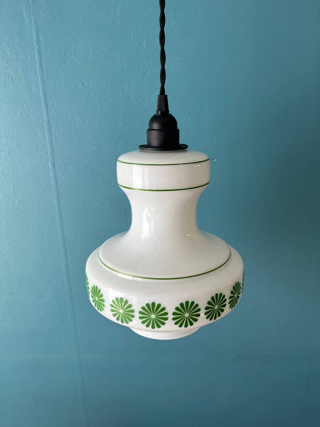 80s pendant light with white and green flower pattern