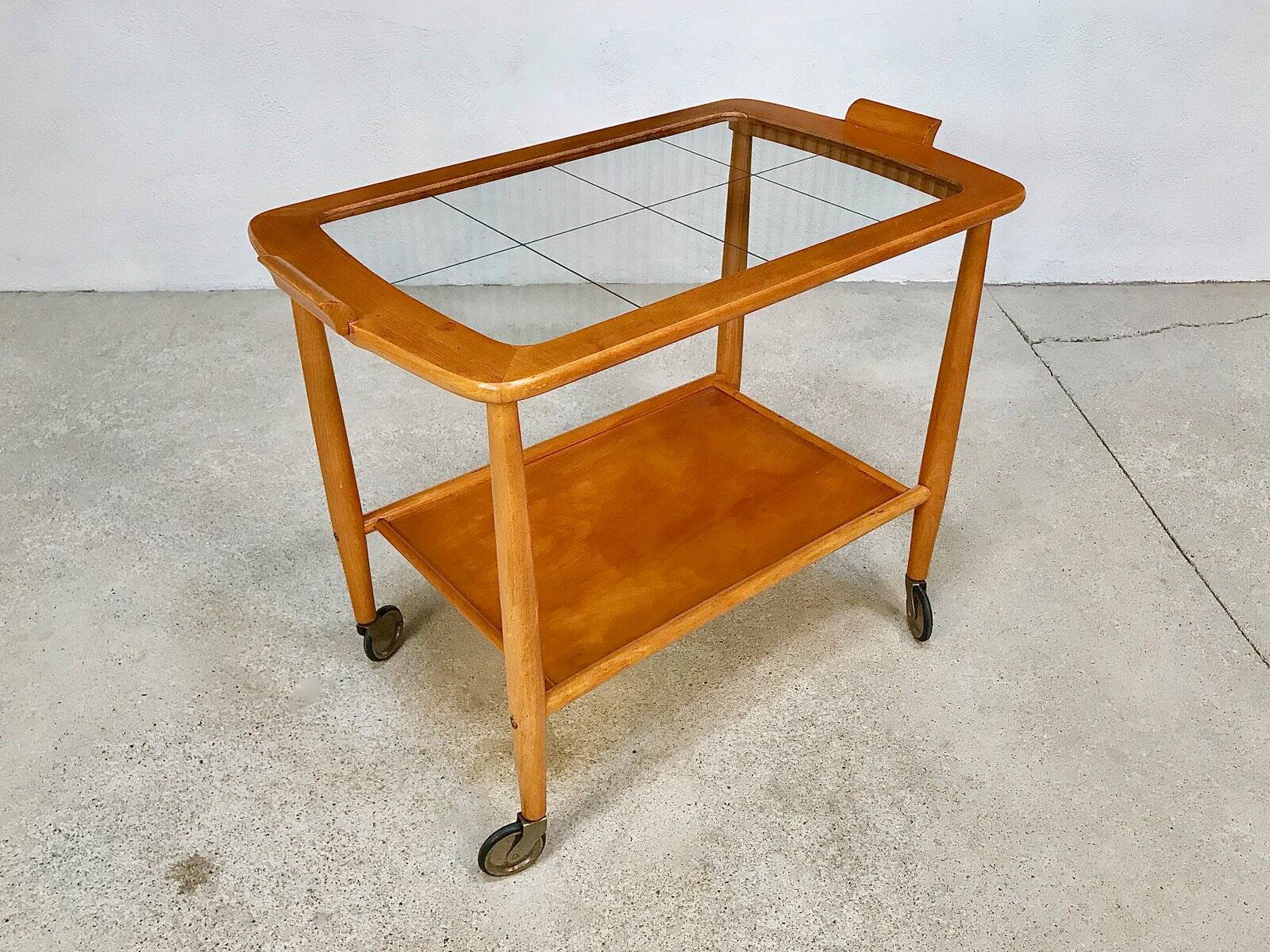 Mid-Century Modern Beech, Glass & Brass Serving Trolley, Germany 1950s