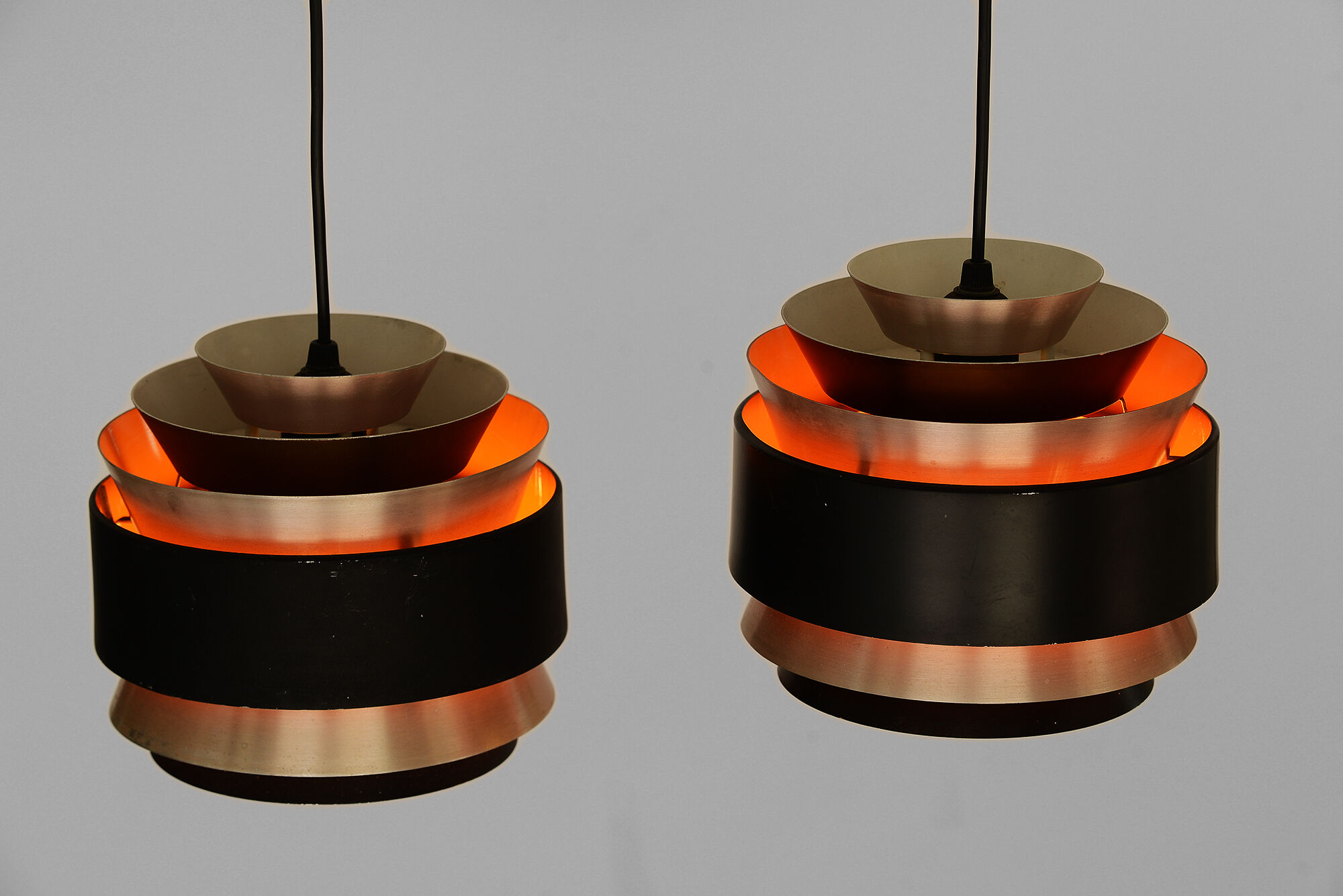 Pair of layered pendant lights in brushed aluminum. Denmark 1960s