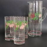 Carafe and four glasses in painted crystal, Hartzviller crystal factory, 1970