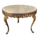 Table basse ronde en marbre blanc ivoire, bordures bronze doré décoratives, style louis xv, a.60.