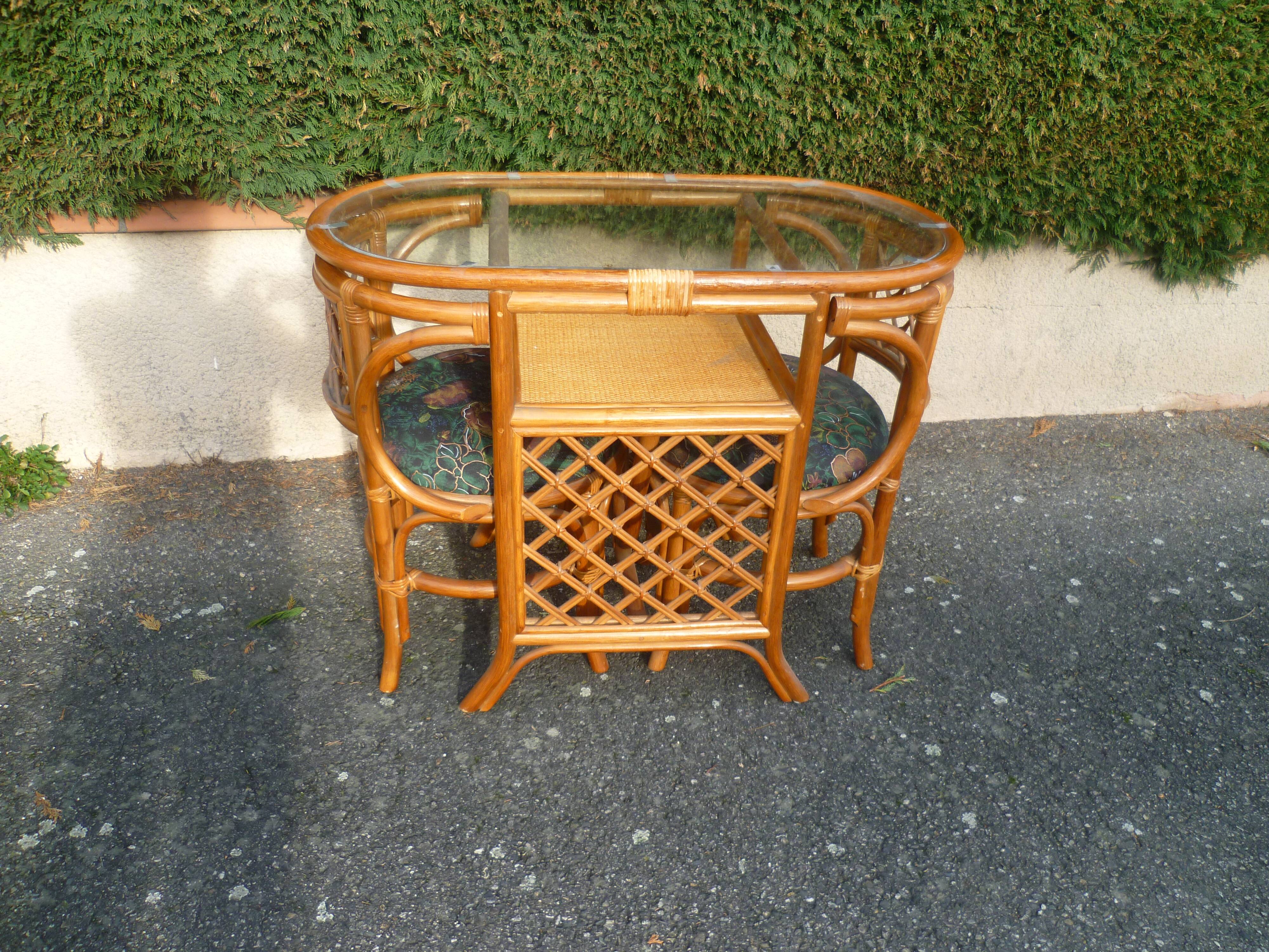 Rattan set table + 2 vintage armchairs 1980