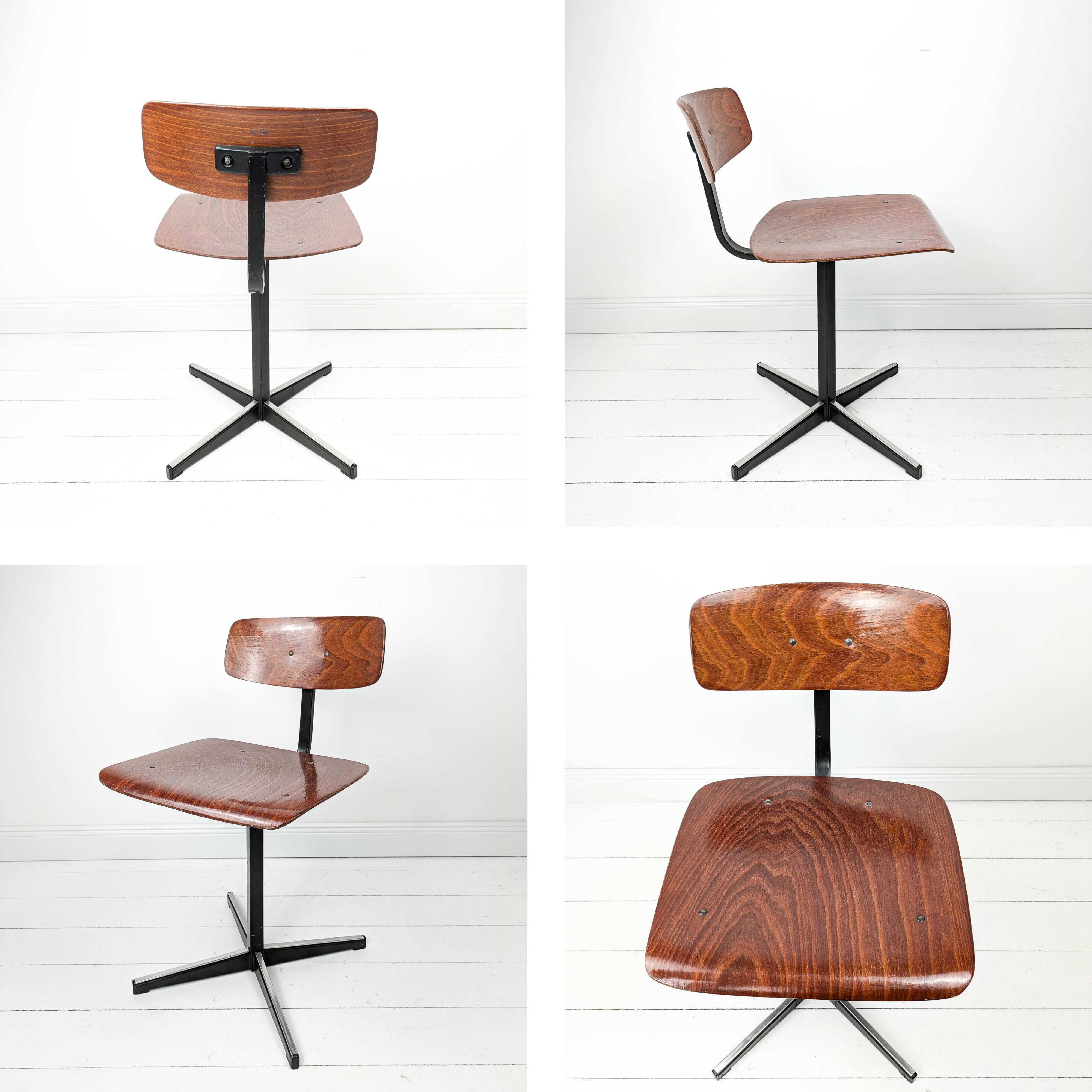 Mid Century Chaise d'école Chaise enfant Bois Métal Vintage Rétro Chambre d'enfants Boussole Pied Sk