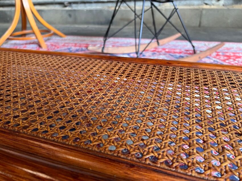 Vintage rattan coffee table and cannage and smoked glass top - 70s