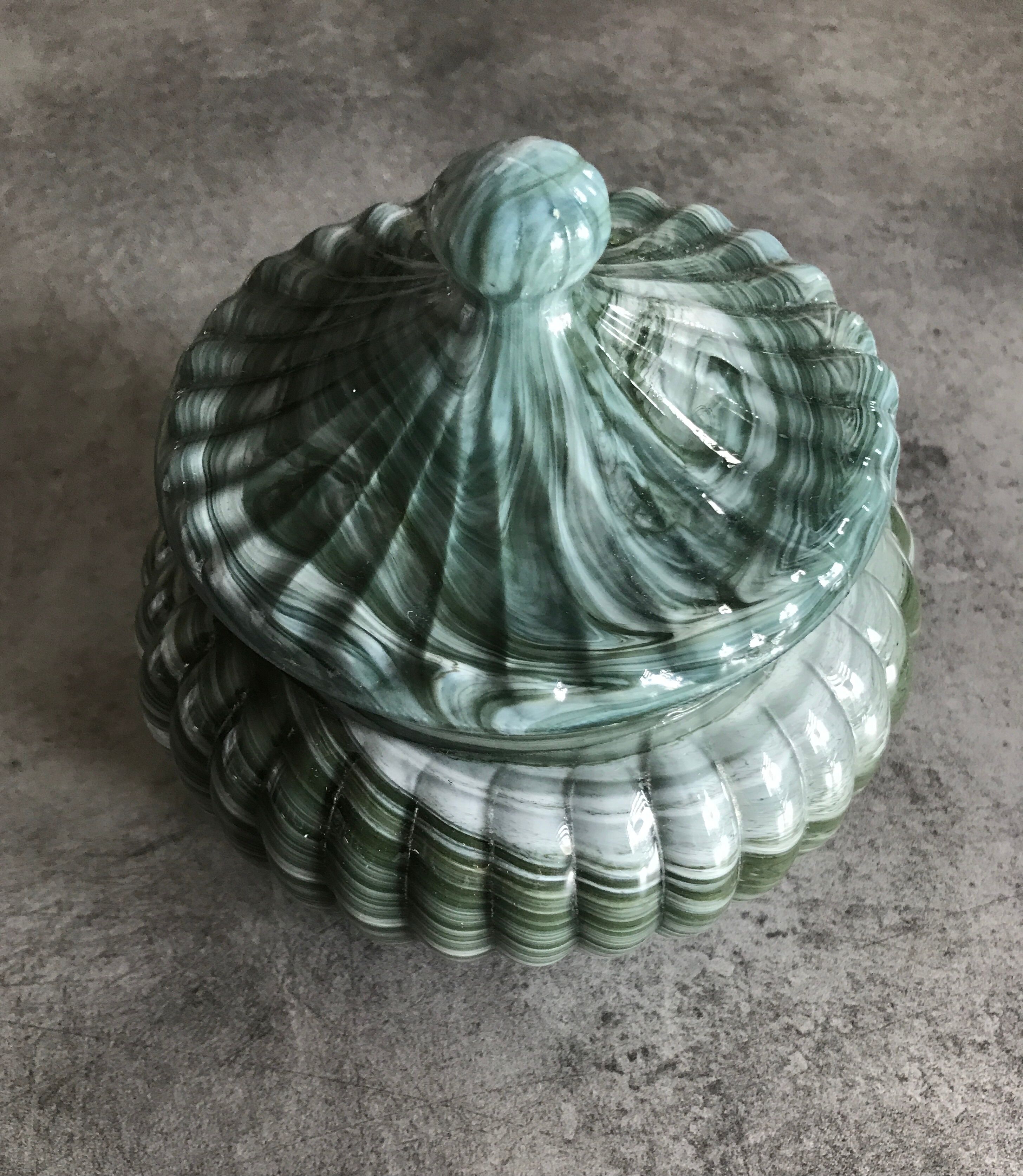 Old candy pot in glass molded effect green and white 12.5 cm