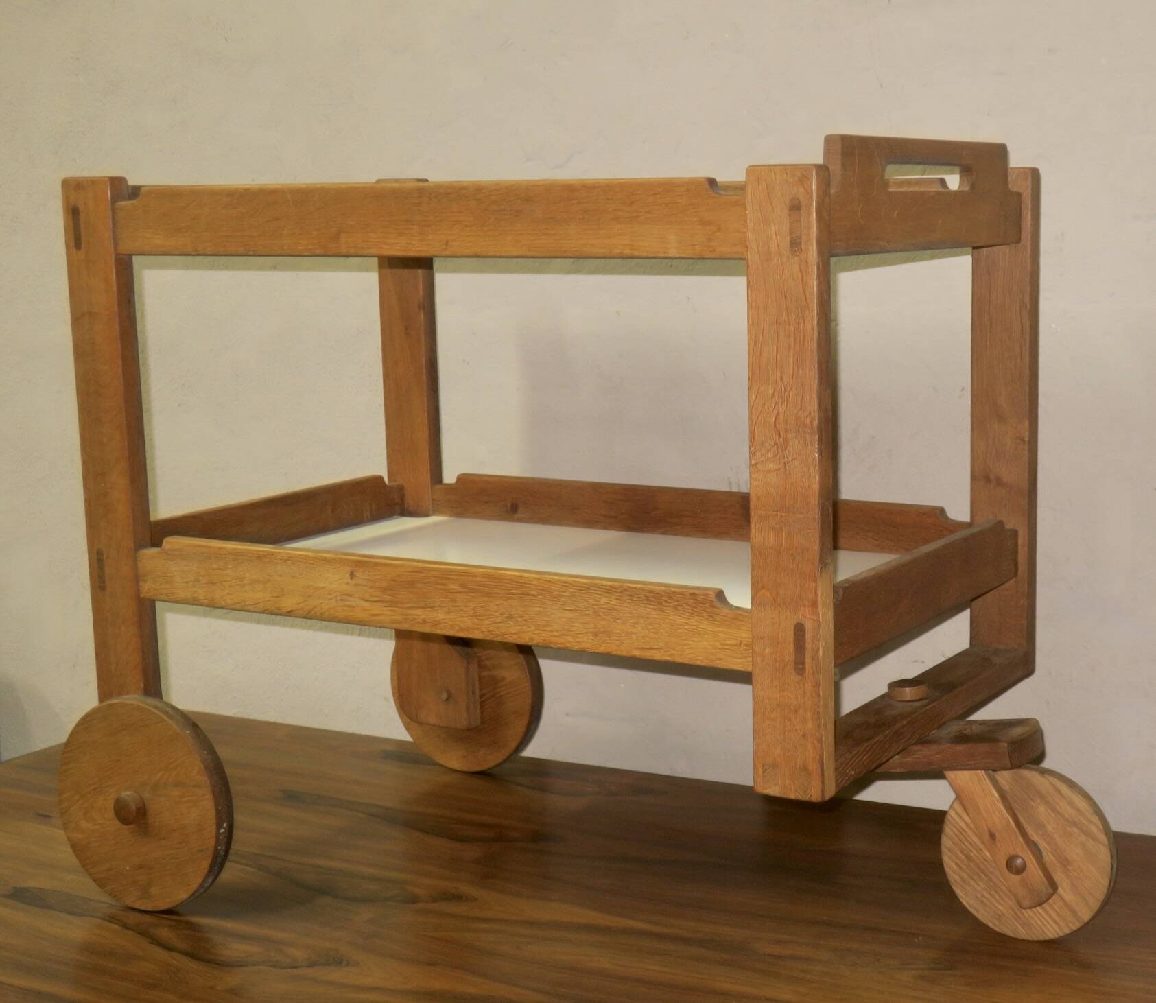 Brutalist Scandinavian bar cart / serving trolley in solid oak, 1950s