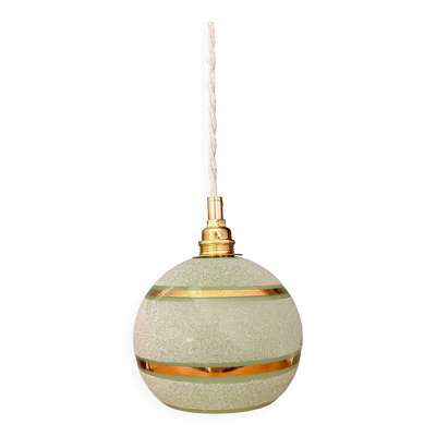 Suspension globe vintage en verre granité vert et doré