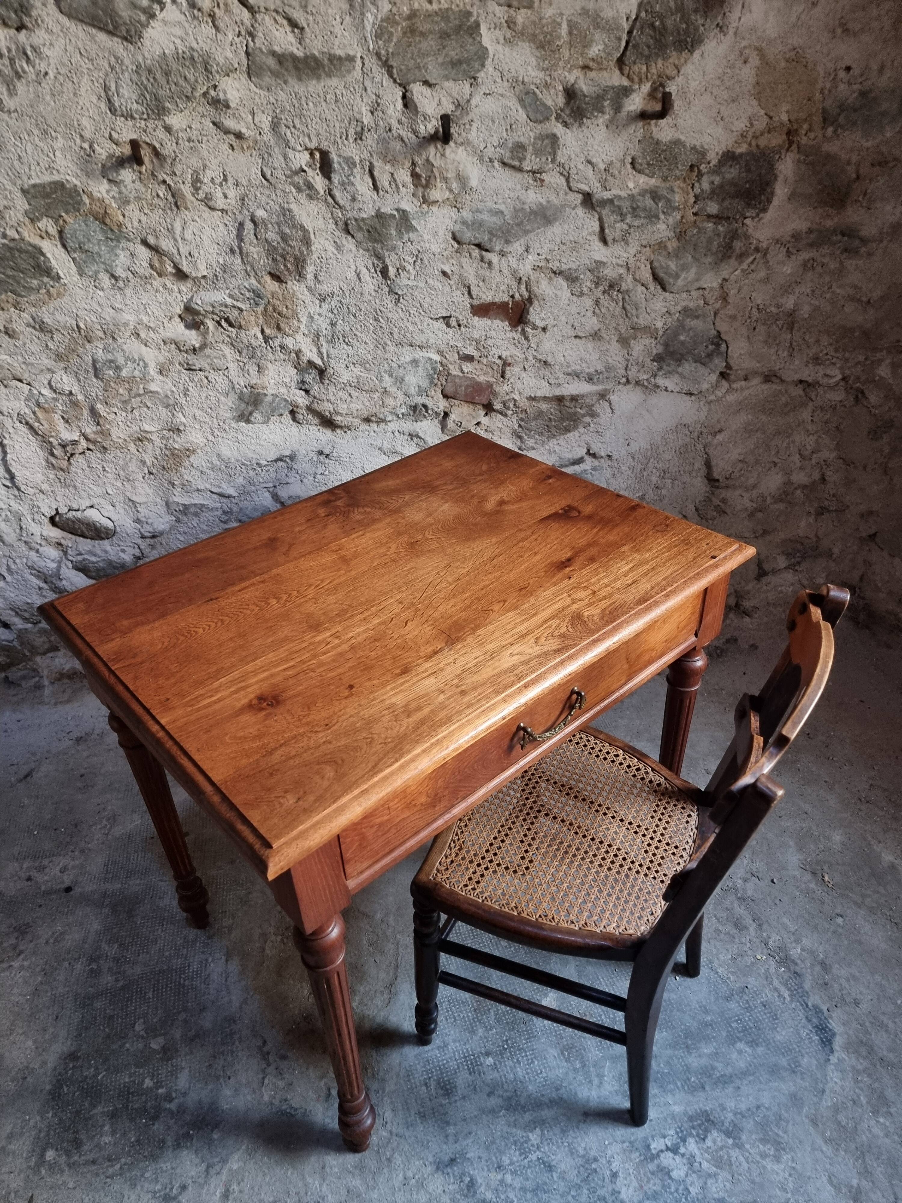 Antique oak writing table with drawer, French side table, console, solid oak desk, circa 1930–1950.