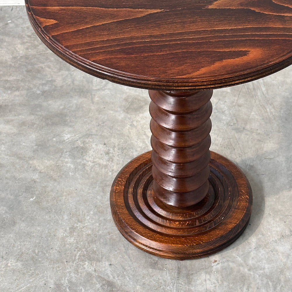 French sculptural turned oak pedestal side table, 1960s
