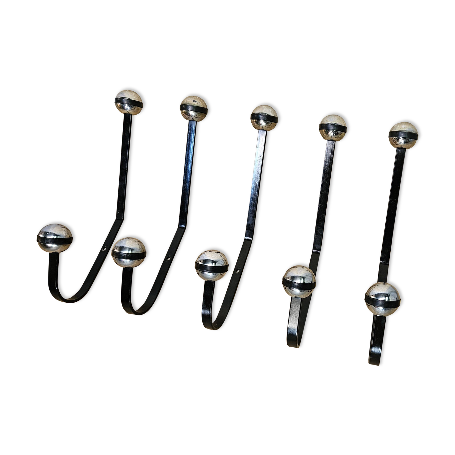 5 black and silver coat hooks from the 60s