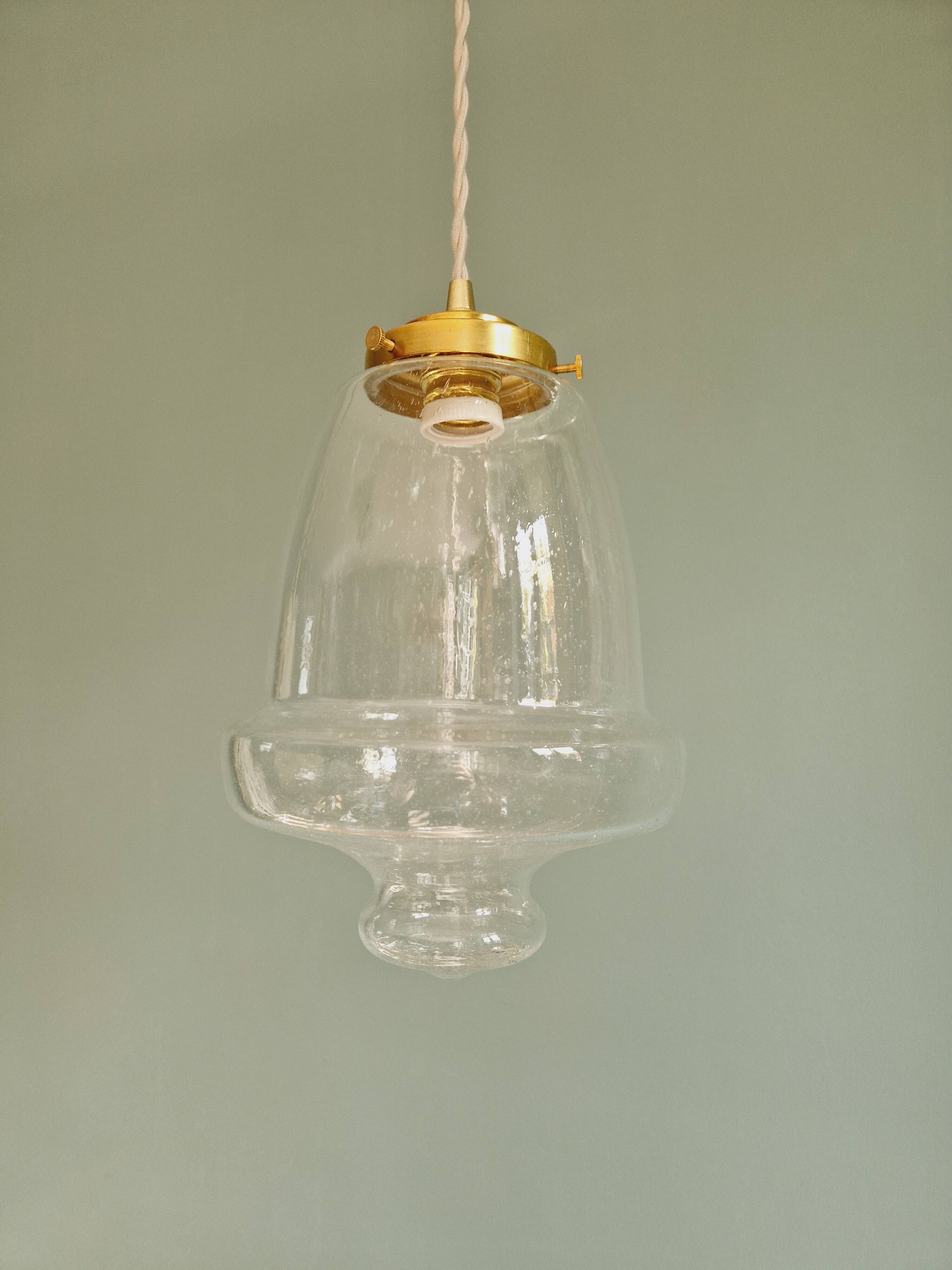 Vintage pendant light in transparent bubbled glass, 70s