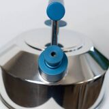 Vintage stainless steel kettle with blue accents - Italian Prandelli 1980s Memphis-inspired design by Raunkjaer Kjaergaard