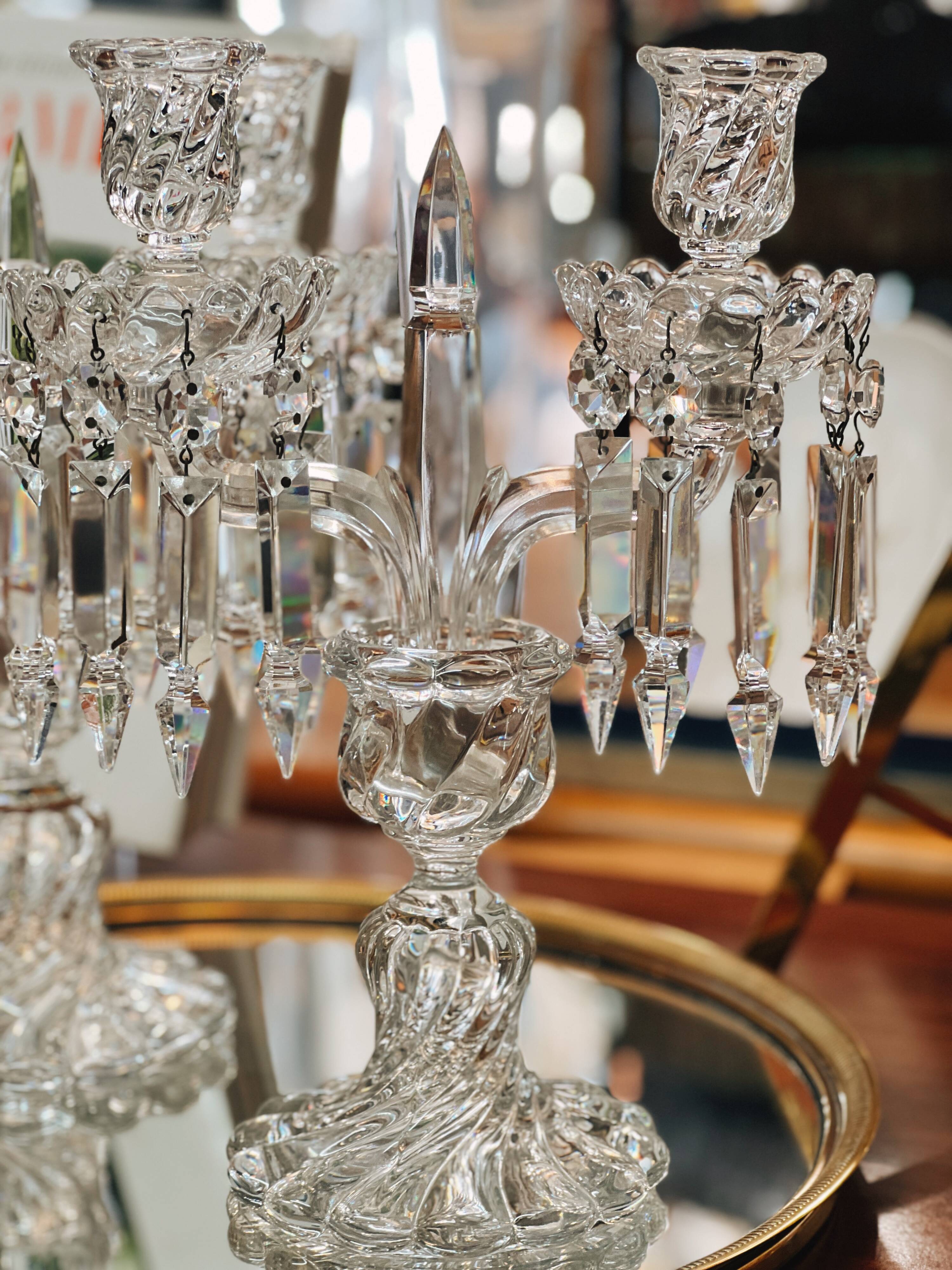 Pair of Baccarat Crystal Girandole Candlesticks