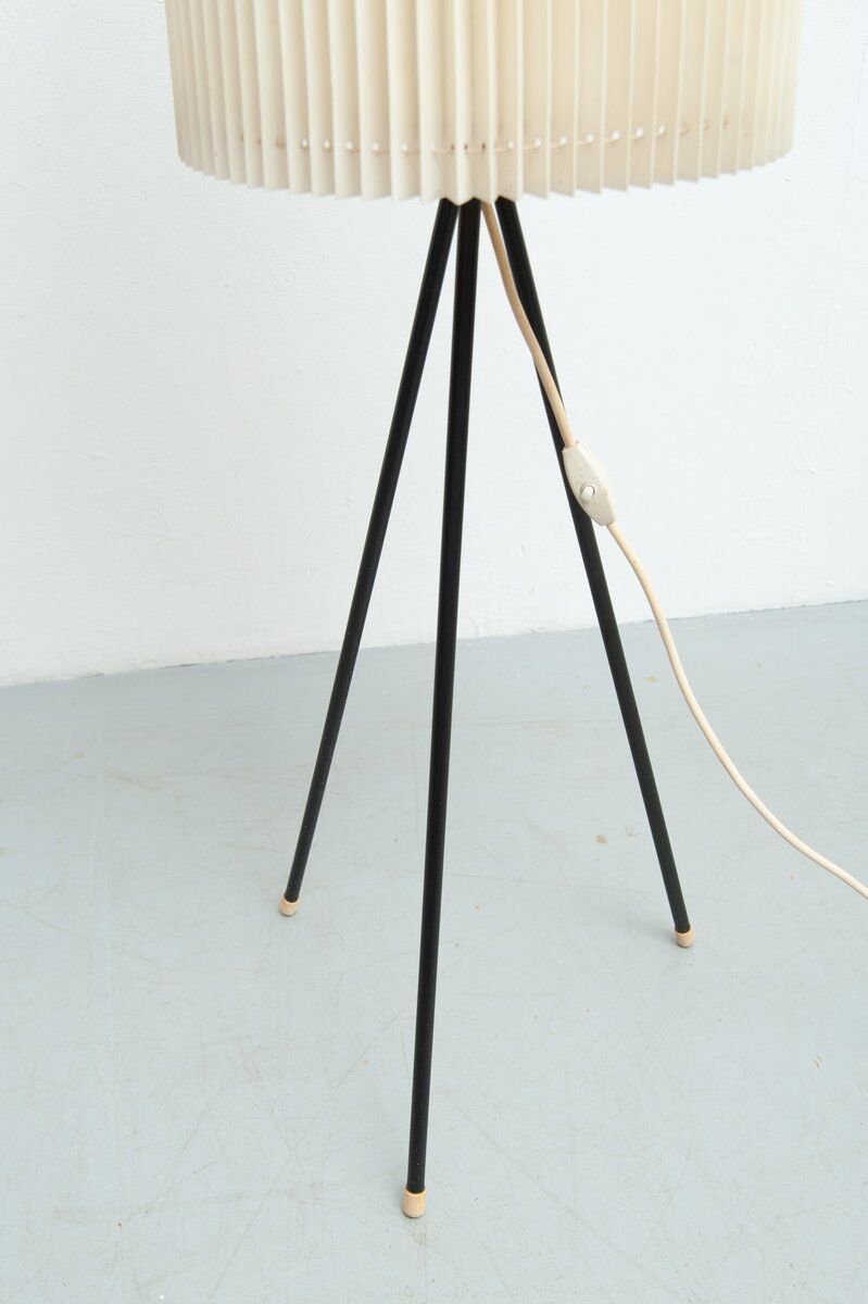 Tripod floor lamp with pleated plastic shade, 1950s